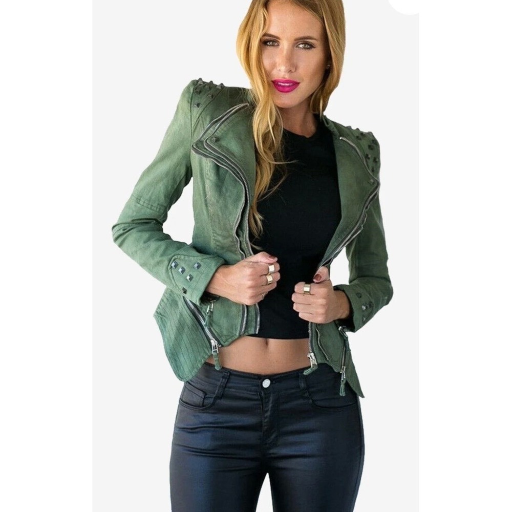 Olive Fitted Jacket Moto Studded Punk Biker Riveted Goth Grunge Distressed NWT